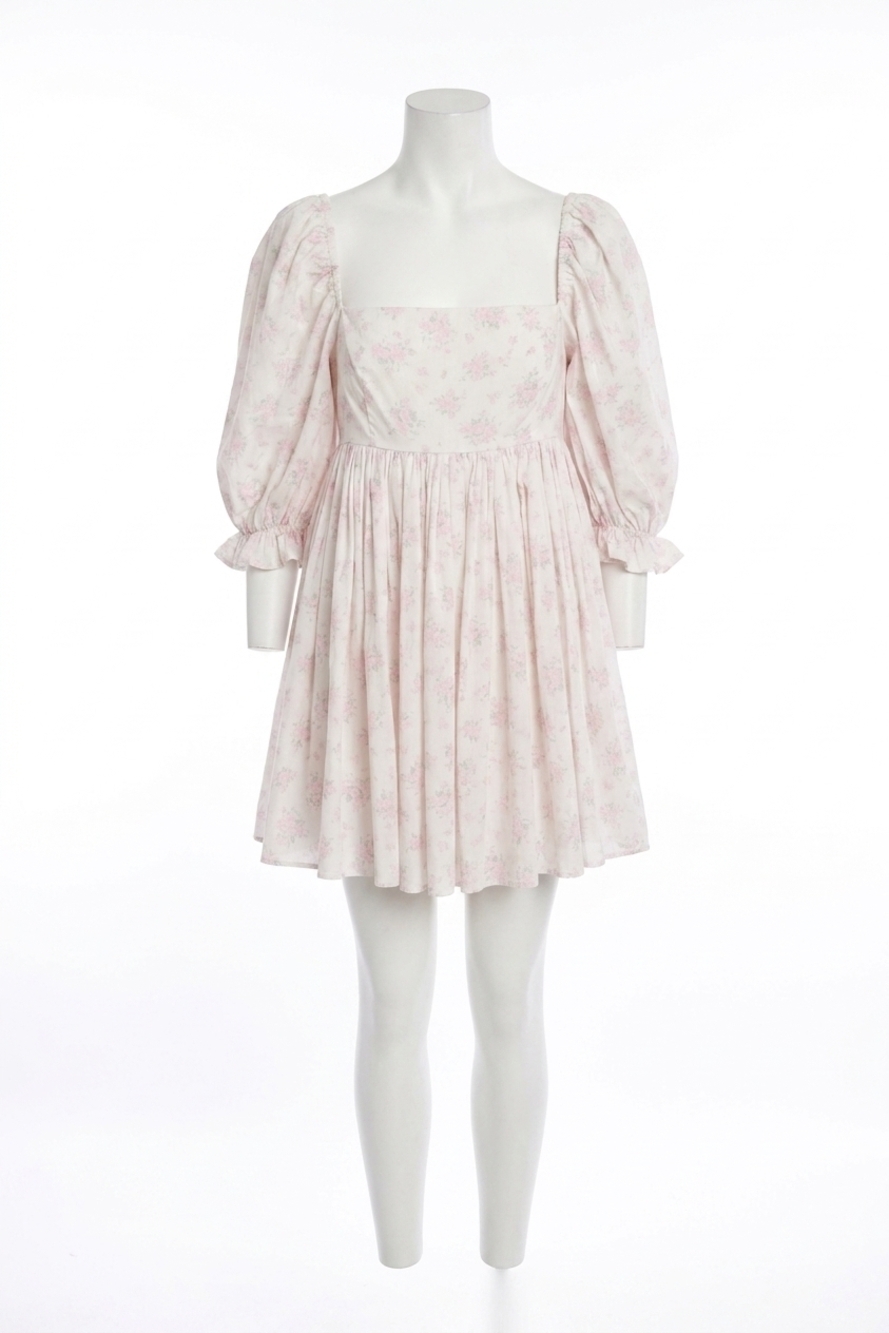 NEW MABLE floral print puff sleeve square neck mini dress in floral white/pink